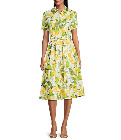 Investments Lemon Print Short Sleeve Button Front Tie Belt Midi Dress