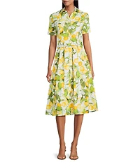 Investments Lemon Print Short Sleeve Button Front Tie Belt Midi Dress