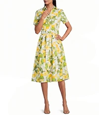 Investments Lemon Print Short Sleeve Button Front Tie Belt Midi Dress