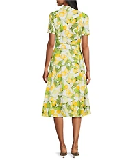 Investments Lemon Print Short Sleeve Button Front Tie Belt Midi Dress