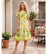 Investments Lemon Print Short Sleeve Button Front Tie Belt Midi Dress
