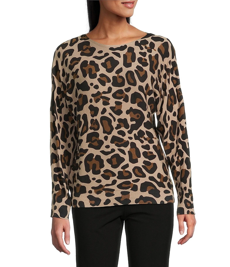 Investments Leopard Print Long Sleeve Boat Neck Pullover Sweater