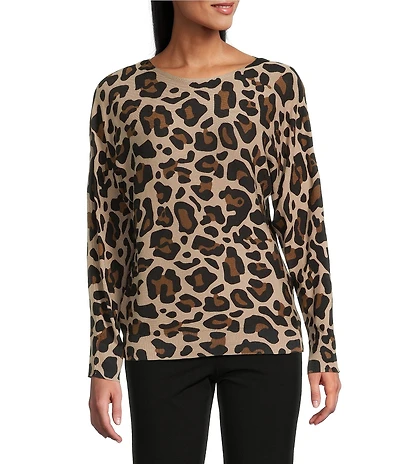 Investments Leopard Print Long Sleeve Boat Neck Pullover Sweater