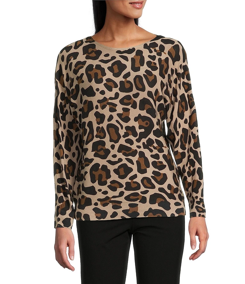 Investments Leopard Print Long Sleeve Boat Neck Pullover Sweater