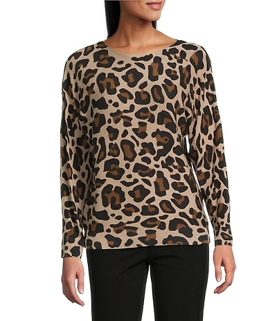 Investments Leopard Print Long Sleeve Boat Neck Pullover Sweater