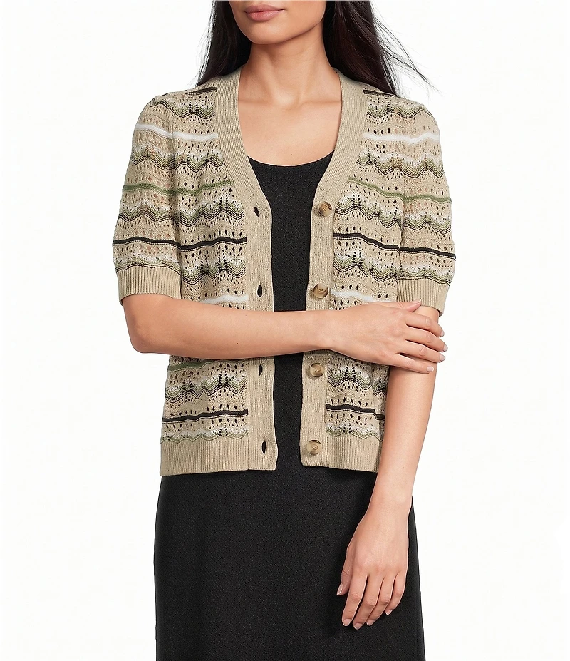 Investments Linen Blend V-Neck Short Sleeve Button Front Striped Cardigan
