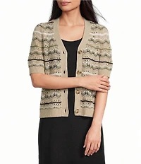 Investments Linen Blend V-Neck Short Sleeve Button Front Striped Cardigan