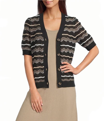 Investments Linen Blend V-Neck Short Sleeve Button Front Striped Cardigan