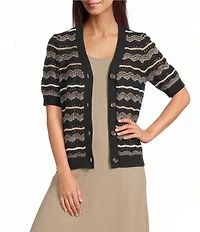 Investments Linen Blend V-Neck Short Sleeve Button Front Striped Cardigan