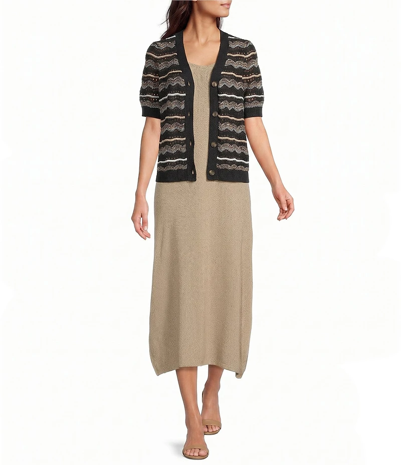 Investments Linen Blend V-Neck Short Sleeve Button Front Striped Cardigan