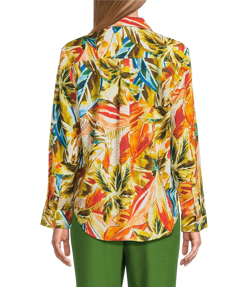 Investments Linen Blend Woven Palm Beach Multi Long Sleeve Point Collar Button Front Top
