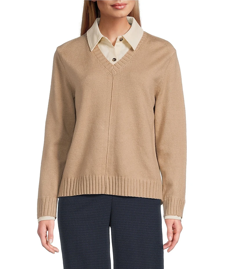 Investments Long Sleeve Point Collar Twofer Sweater