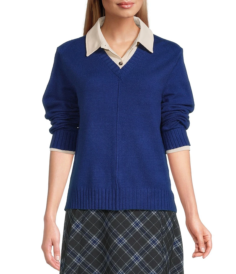 Investments Long Sleeve Point Collar Twofer Sweater