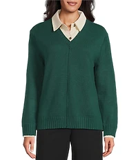 Investments Long Sleeve Point Collar Twofer Sweater