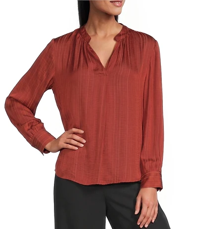 Investments Long Sleeve Split-V Neck Jacquard Blouse