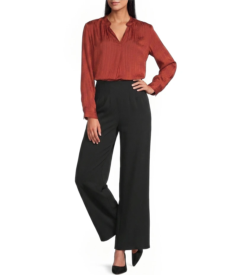 Investments Long Sleeve Split-V Neck Jacquard Blouse
