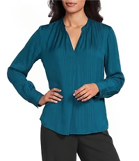 Investments Long Sleeve Split-V Neck Jacquard Blouse