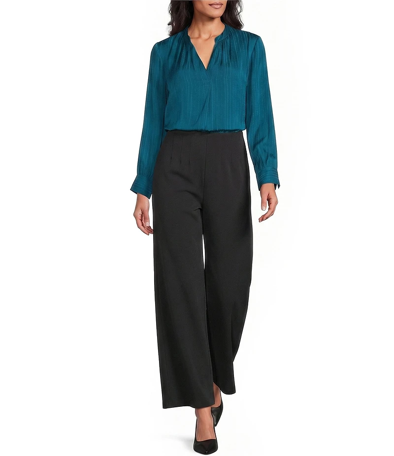 Investments Long Sleeve Split-V Neck Jacquard Blouse