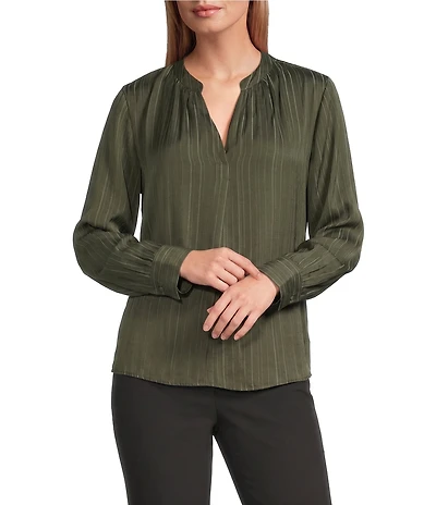 Investments Long Sleeve Split-V Neck Jacquard Blouse