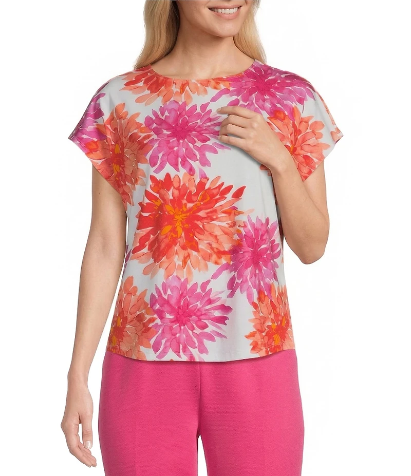 Investments Magenta Chrysanthemum Print Cap Sleeve Boat Neck Rory Knit Tee