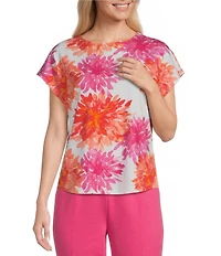 Investments Magenta Chrysanthemum Print Cap Sleeve Boat Neck Rory Knit Tee