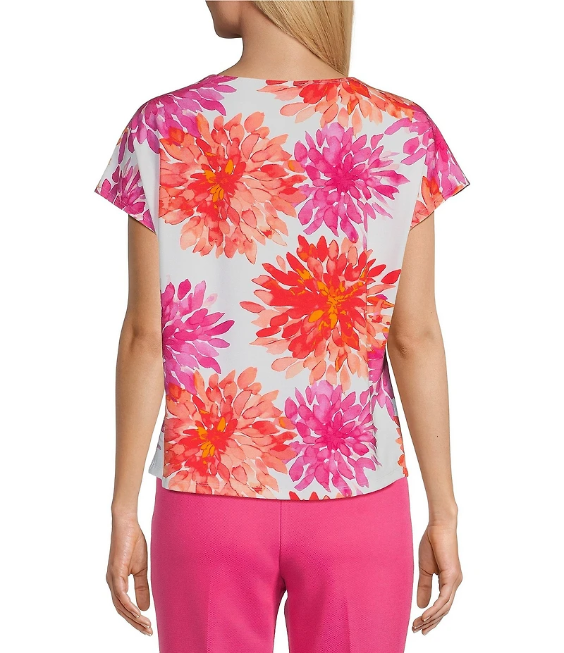 Investments Magenta Chrysanthemum Print Cap Sleeve Boat Neck Rory Knit Tee