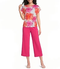Investments Magenta Chrysanthemum Print Cap Sleeve Boat Neck Rory Knit Tee