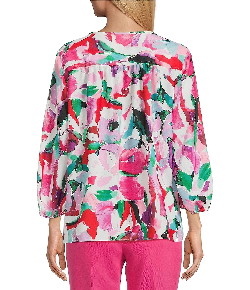 Investments Magenta Painted Floral 3/4 Sleeve Crew Neck Button Front Blouse