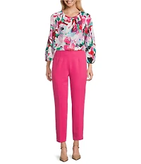 Investments Magenta Painted Floral 3/4 Sleeve Crew Neck Button Front Blouse