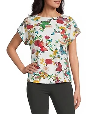 Investments Multi Floral Butterfly Print Cap Sleeve Boat Neck Rory Knit Tee