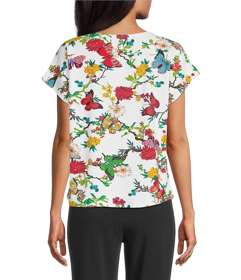 Investments Multi Floral Butterfly Print Cap Sleeve Boat Neck Rory Knit Tee