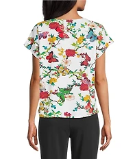 Investments Multi Floral Butterfly Print Cap Sleeve Boat Neck Rory Knit Tee