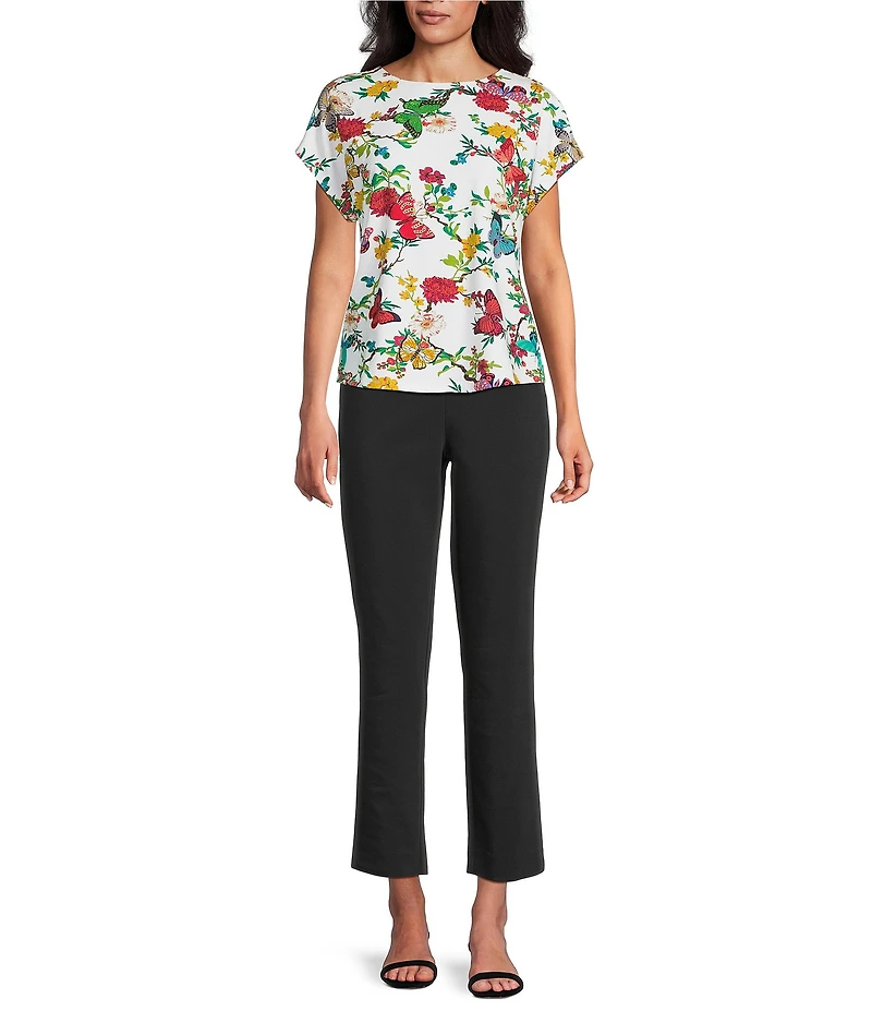 Investments Multi Floral Butterfly Print Cap Sleeve Boat Neck Rory Knit Tee