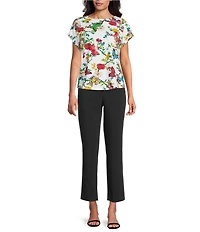 Investments Multi Floral Butterfly Print Cap Sleeve Boat Neck Rory Knit Tee