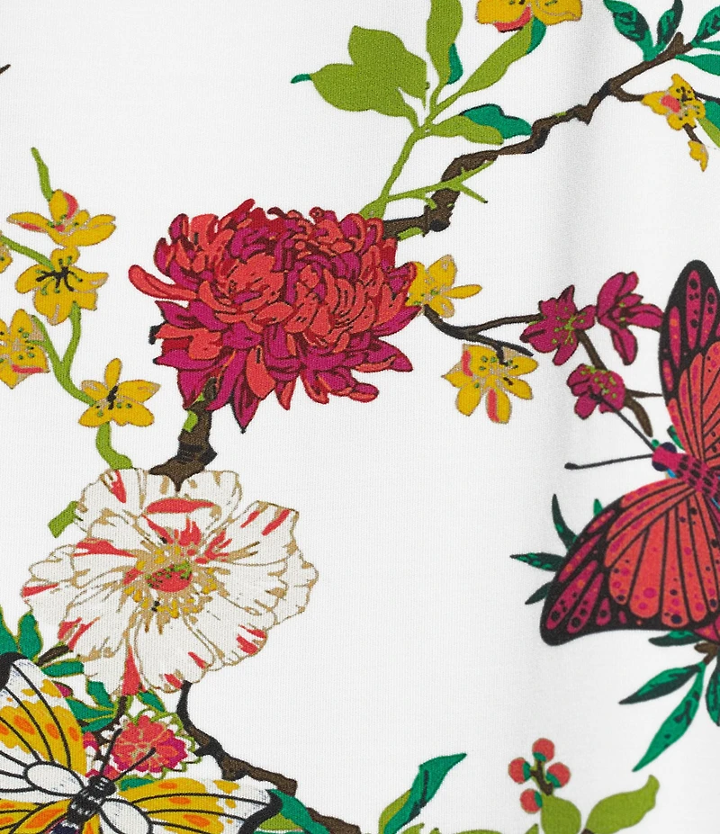 Investments Multi Floral Butterfly Print Cap Sleeve Boat Neck Rory Knit Tee