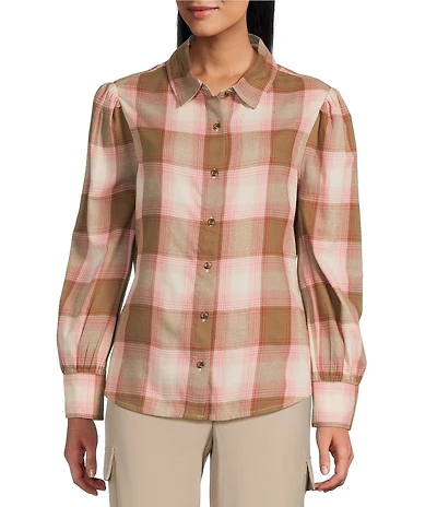 Investments Neutral Plaid Long Sleeve Point Collar Button Front Top