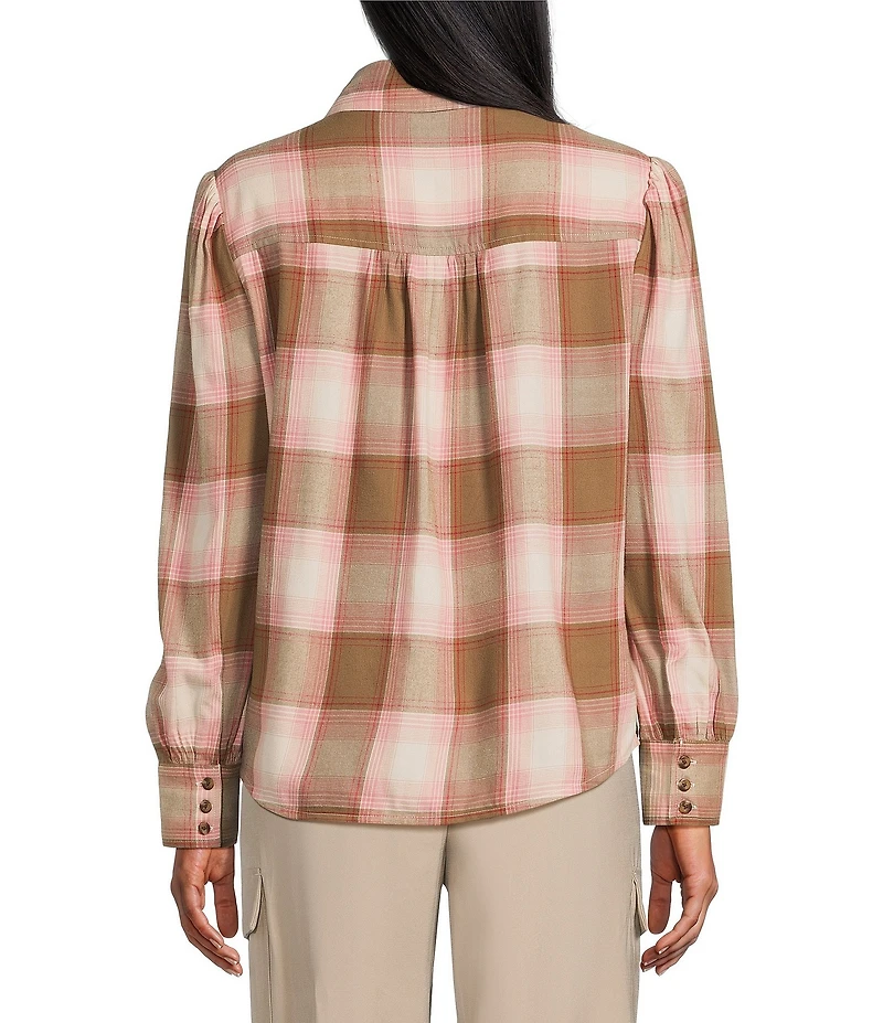 Investments Neutral Plaid Long Sleeve Point Collar Button Front Top