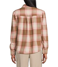 Investments Neutral Plaid Long Sleeve Point Collar Button Front Top