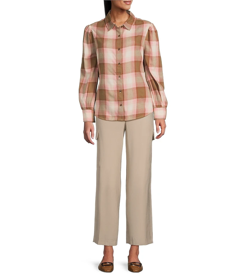 Investments Neutral Plaid Long Sleeve Point Collar Button Front Top