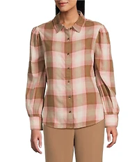 Investments Neutral Plaid Long Sleeve Point Collar Button Front Top