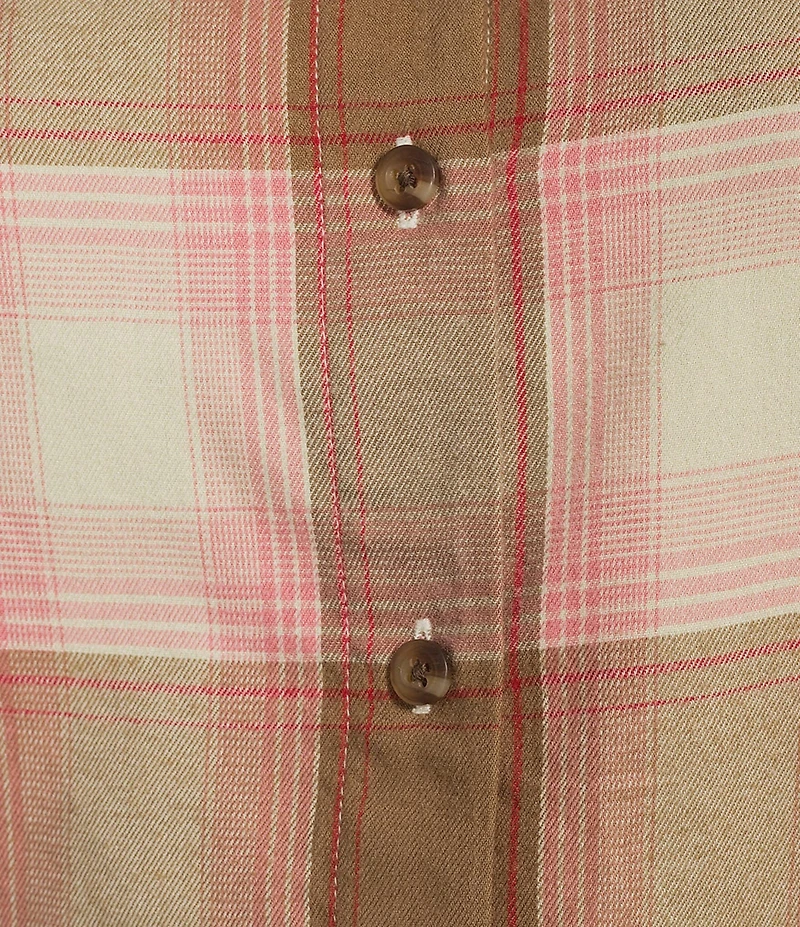 Investments Neutral Plaid Long Sleeve Point Collar Button Front Top