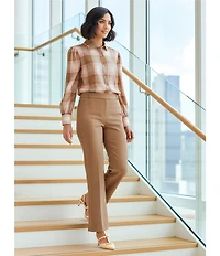 Investments Neutral Plaid Long Sleeve Point Collar Button Front Top