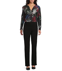 Investments Nora Linear Floral Print Long Sleeve Y-Neck Drapey Twill Blouse