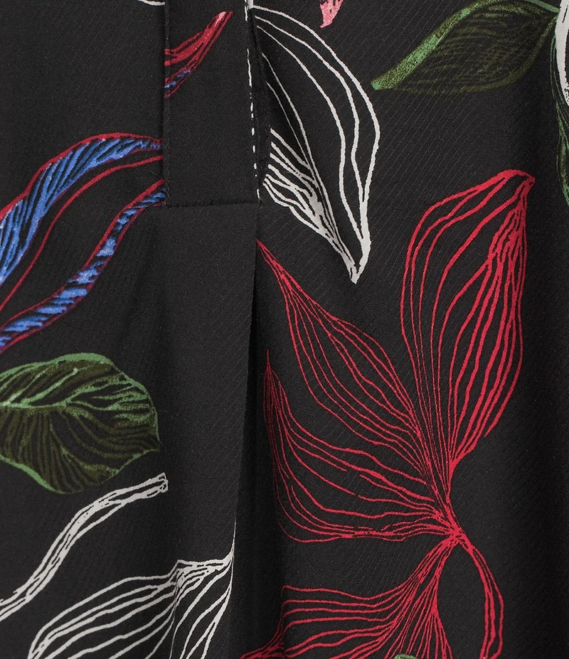 Investments Nora Linear Floral Print Long Sleeve Y-Neck Drapey Twill Blouse