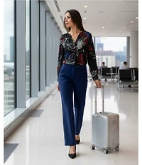 Investments Nora Linear Floral Print Long Sleeve Y-Neck Drapey Twill Blouse