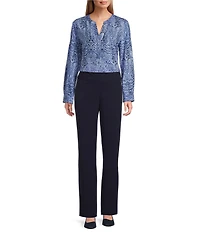 Investments Nora Mazarine Scroll Long Sleeve Y-Neck Drapey Twill Blouse