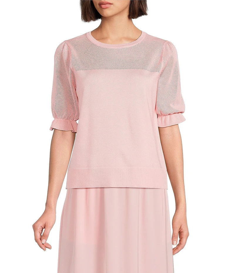 Investments Novelty Short Puff Sleeve Crew Neck Sweater Top