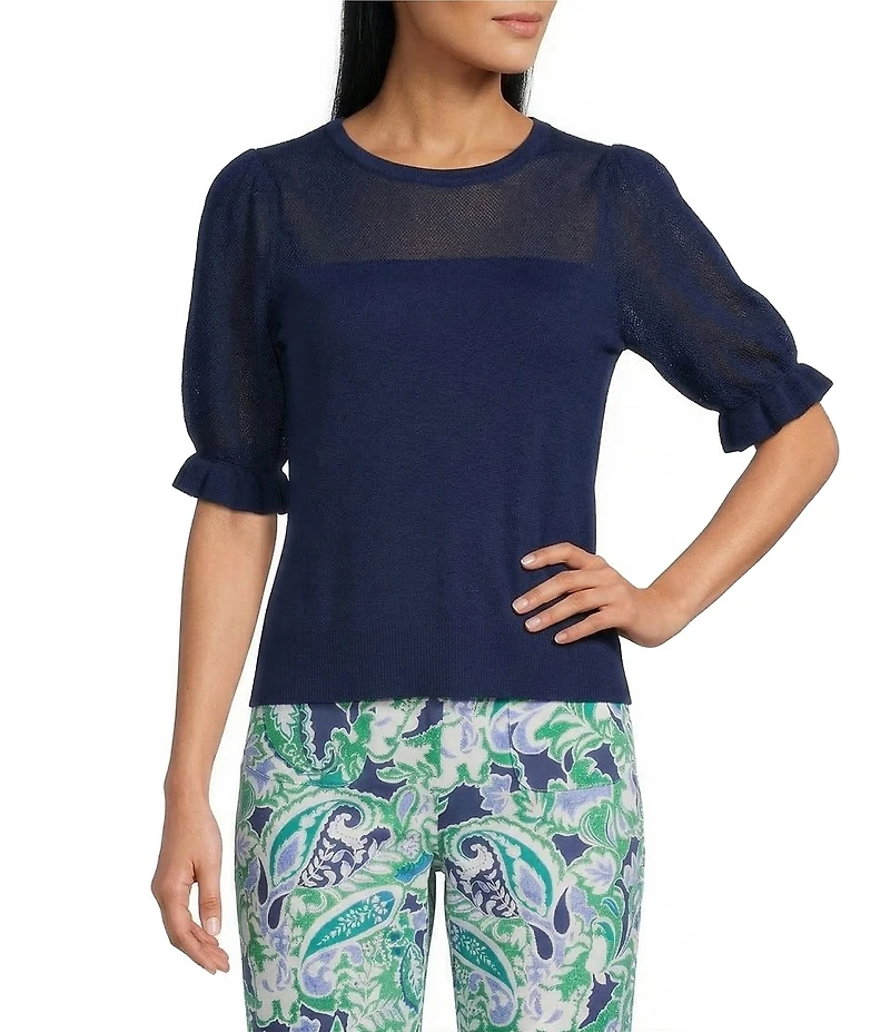 Investments Novelty Short Puff Sleeve Crew Neck Sweater Top