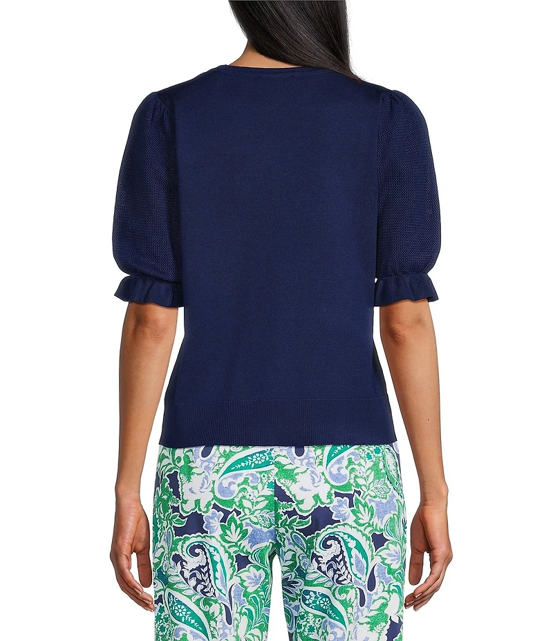 Investments Novelty Short Puff Sleeve Crew Neck Sweater Top