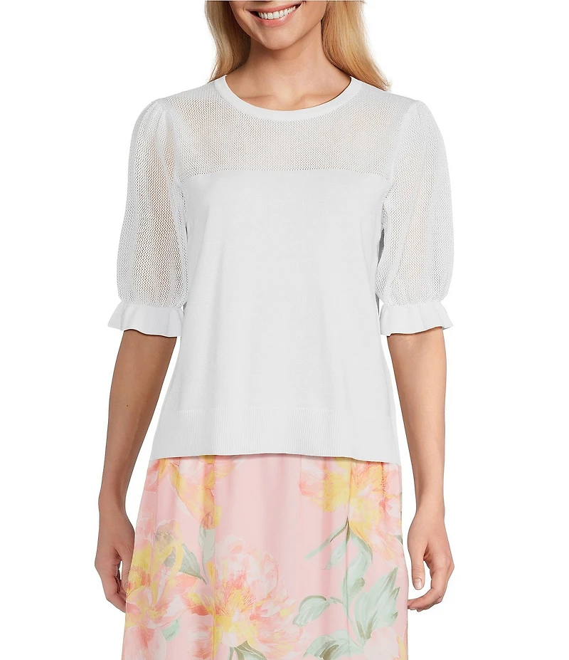 Investments Novelty Short Puff Sleeve Crew Neck Sweater Top